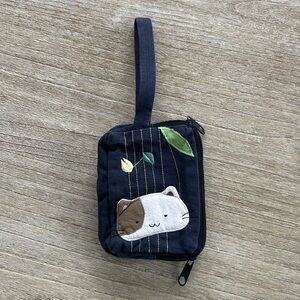 Cute Japanese Double Zip Wristlet with Cat Embroidery in Navy